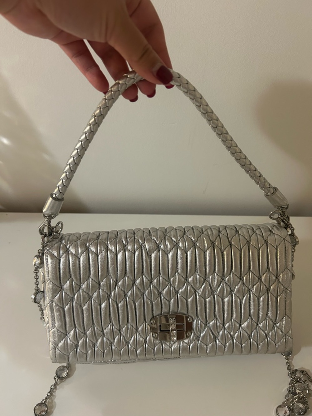 Miu Miu Silver Quilted Shoulder Bag with Braided Handle